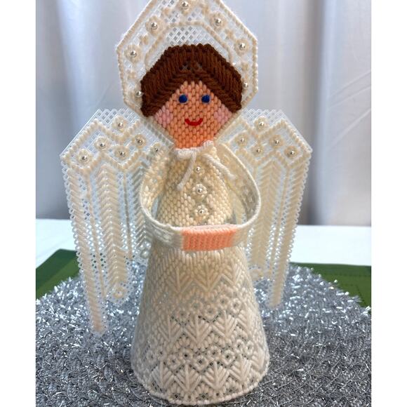 Christmas Tree Topper Angel Needlepoint on Plastic Canvas Handmade Vintage 12" - Picture 1 of 5